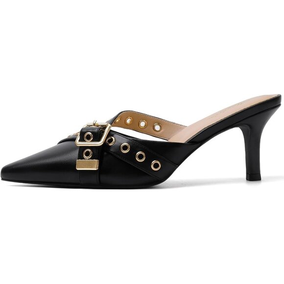 💫 Women Black Mules Vintage Heels Studded Pointed Closed Toe